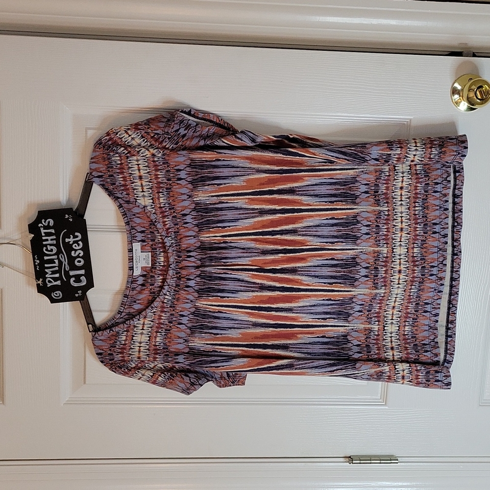 Liz Claiborne Top Cap Sleeve Flame Stitch 1X Pattern Blue Orange Ivory